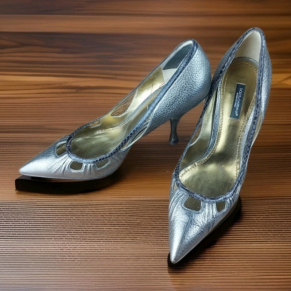 DOLCE & GABBANA Vero Cuoio 4" Heel 37.5 (US 7) Peep Toe Bronze/Gold Italy Snake - Picture 1 of 16